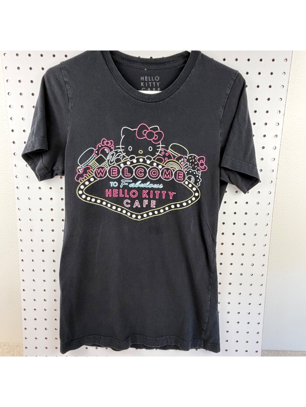 Hello Kitty Cafe Las Vegas Black Graphic Tee Small Sanrio Neon